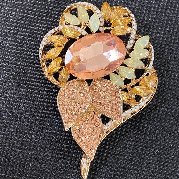 Brooch Flower Rhinestones Peach Large Pin Vintage 80s 90s - Picture 1 of 8